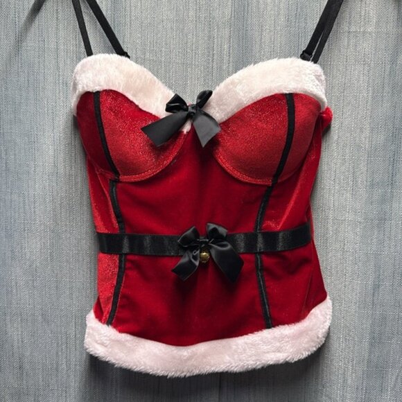 🏴 Spencer's sexy Santa Red and Black Corset with White Trim size large - Picture 3 of 6